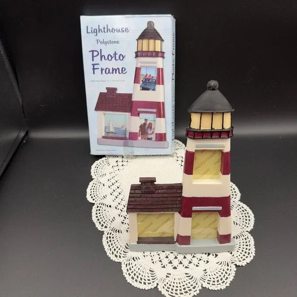 Giftco Lighthouse Polystone Photo Frame Red White Nautical Coastal 3 Openings
