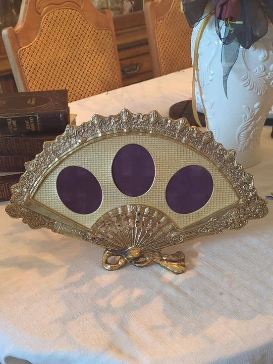 Vintage Solid Brass Fan Picture Frame | Ornate Victorian Vanity Decor | 3 Photo