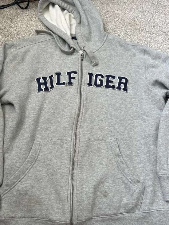 Tommy Hilfiger Light Gray Hooded Zip Sweatshirt with Navy Label
