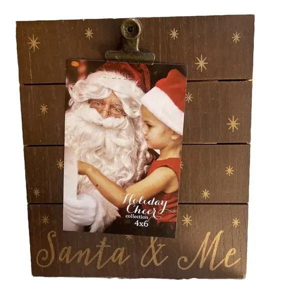 Holiday Cheer Santa & Me Clip Board Photo Display‎ Brown Wood 4x6 Photo Holder