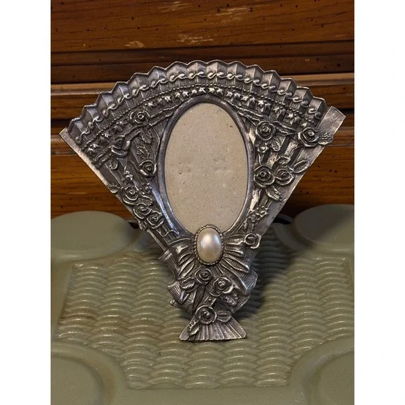 Vintage Fan Shaped Pewter Tone Metal Photo Frame Rose Floral Faux Pearl Accent