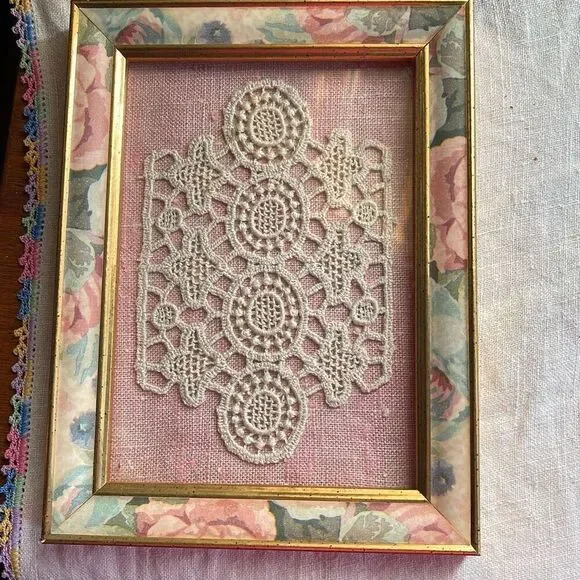 Lace sampler framed art vintage country  life cottage core
