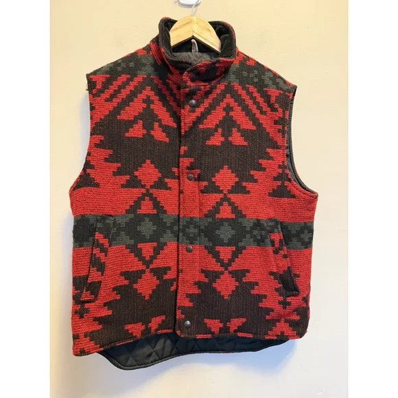 Woolrich Wool Aztec Vest Blanket Red‎ Insulated Snap Front Men’s Medium USA