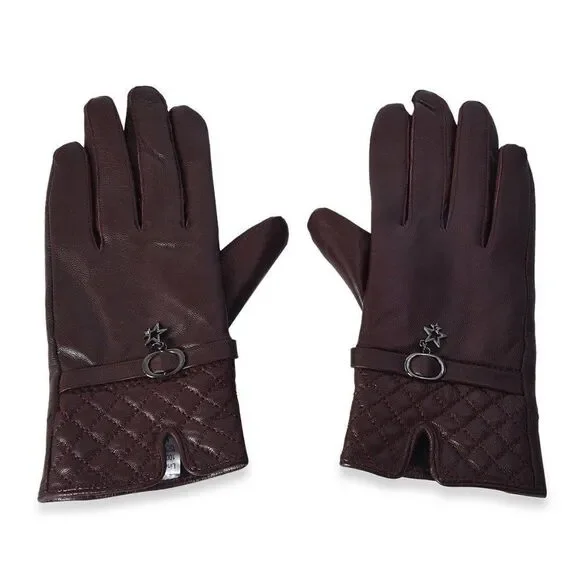 Touchscreen Gloves Leather Quilted Pattern Maroon