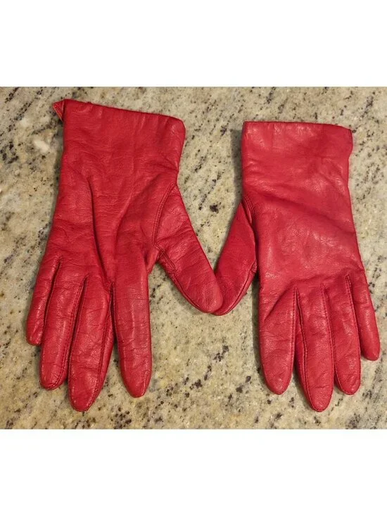 Vintage Womens Size M 7.5 Red Leather Gloves Lined Fownes