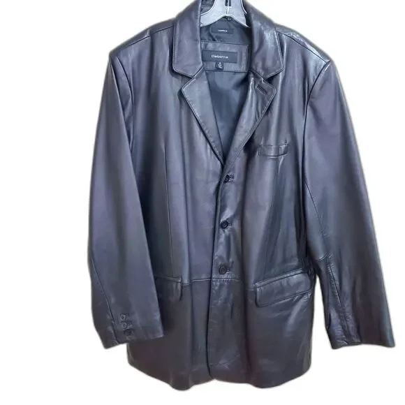 Claiborne Longer Coat Men 1X Black Lambskin Leather Jacket 3 Button Lined Blazer