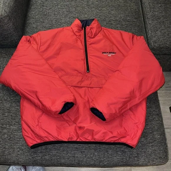 Polo Sport Ralph Lauren Jacket Mens Large Red Navy Reversible Puffer 1/4 Zip