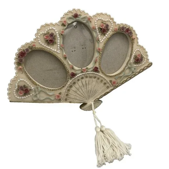 Dezine Victorian Style 3 Photo Picture Frame Hand Fan Shaped Boudoir Vanity 90s