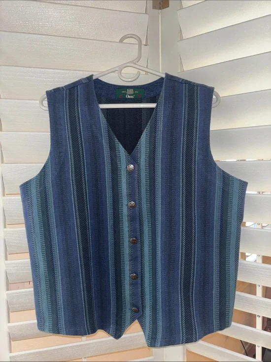 Orvis Navy and Light Blue Striped Button Vest Bohemian, Western , Gypsy  Style