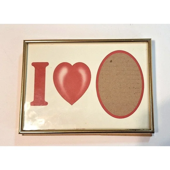 Vintage I Heart Photo Frame Gold Tone Metal 5x7 Tabletop Easel Stand Red Graphic