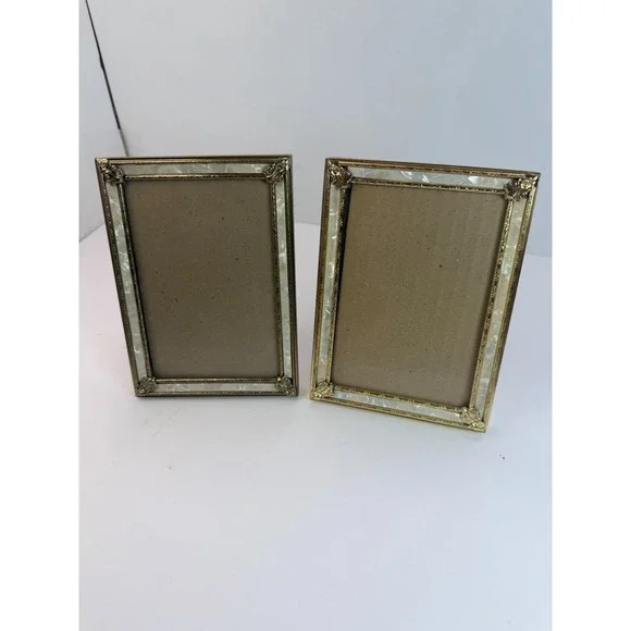 Vintage Stand Up Photo Frames Gold Brass Tone Metal Pearl Color Accent Lot 2 4x6