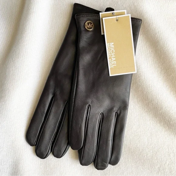 MICHAEL KORS GENUINE LEATHER GLOVES TECH TOUCH Dark Brown L