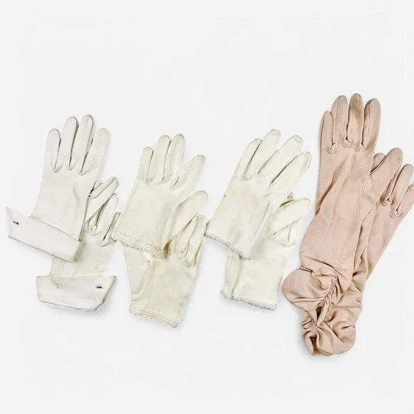 Vintage Midcentury Lot of 4 Pairs Beige White Womens Gloves Cotton‎ Nylon