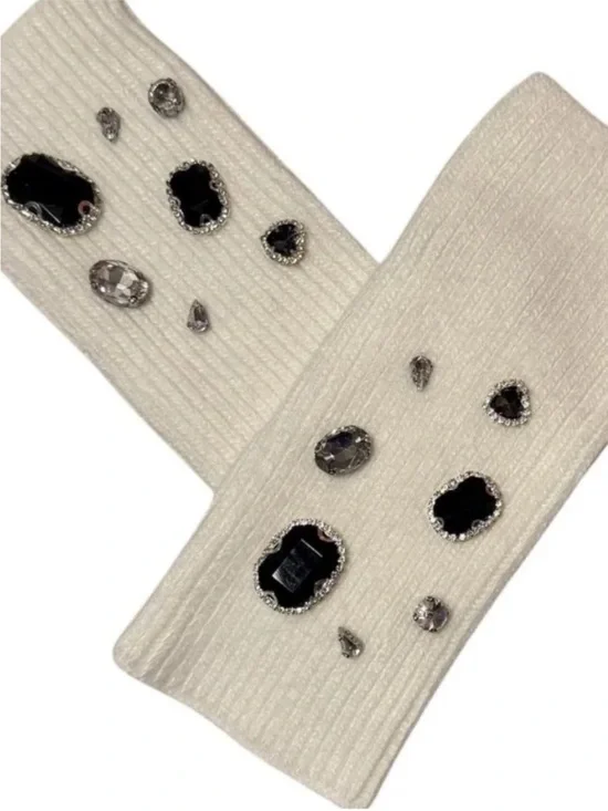 Crystal Knit Embelished Fingerless Gloves (White)  Adrienne Landau NWT $79 $150