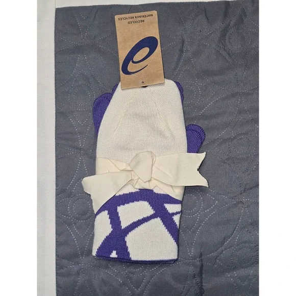 NWT ASICS Beanie and Gloves Set Women One Size Purple‎ White Knit reversible