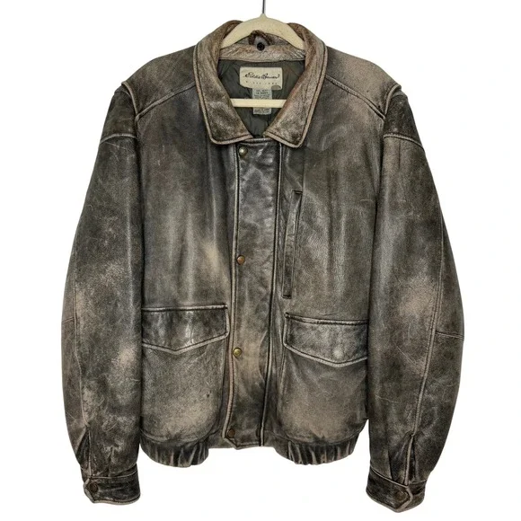 Eddie Bauer Mens Distressed Leather Bomber‎ Jacket Goose Down Quilted Brown L/G