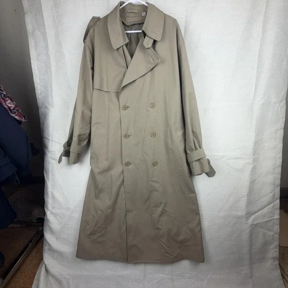 VTG London Fog Trench Coat Mens 44 Beige Belted Double Breasted Long Classic