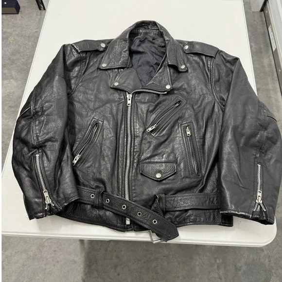 Black‎ Leather Motorcycle Jacket Mens Classic Biker Style Zip Up Belt
