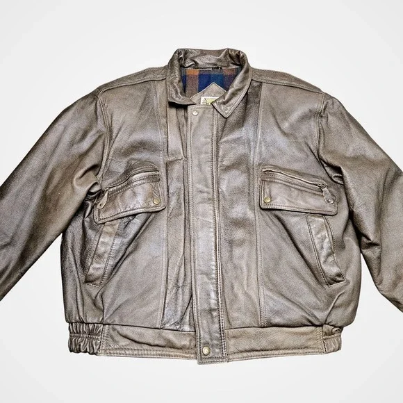 Phase 2 Leather Jacket 2XL Brown Plaid Lined‎ Zip Pockets Vintage Grunge