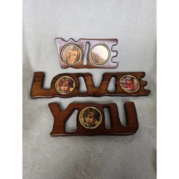 Vintage 70s We Love You Wood Wall Hanging Photo Frame Set 3 Piece Rustic Boho