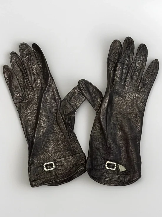 Vintage French Real Kid Leather Gloves Black Rhinestone Buckle Lined