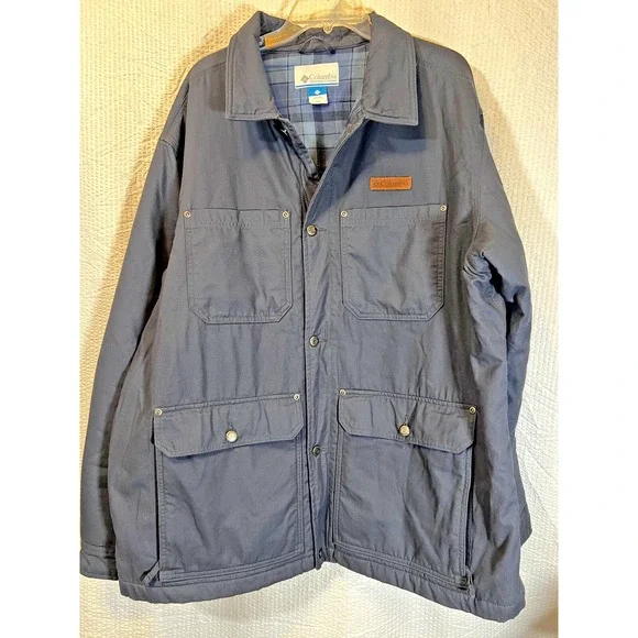 Columbia Lodge Chore Coat Jacket Mens XXL Navy Blanket Leather‎ Patch Canvas 90s