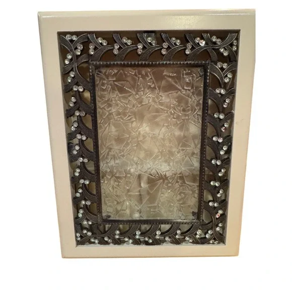 Ornate Rhinestone Filigree Cream Bronze Tone Textured Glass Jewelry‎ box