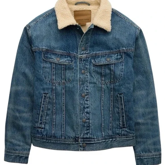 American Eagle Men's Sherpa Lined Denim Trucker Jacket Blue‎ Size M