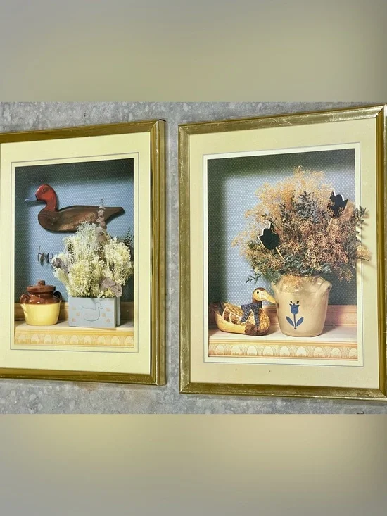 Vintage Gold Framed Duck Botanical Wall Art Pair - Cottagecore Home Accents