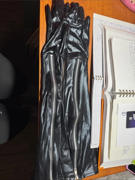Long Black Faux Leather Gloves with Silver Zippers