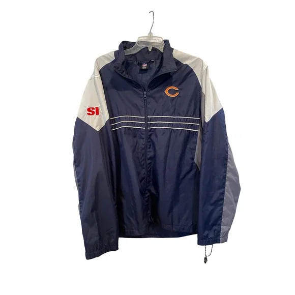 Mens Reebok Chicago Bears NFL Windbreaker‎ Jacket Navy Blue Grey Large SI Patch