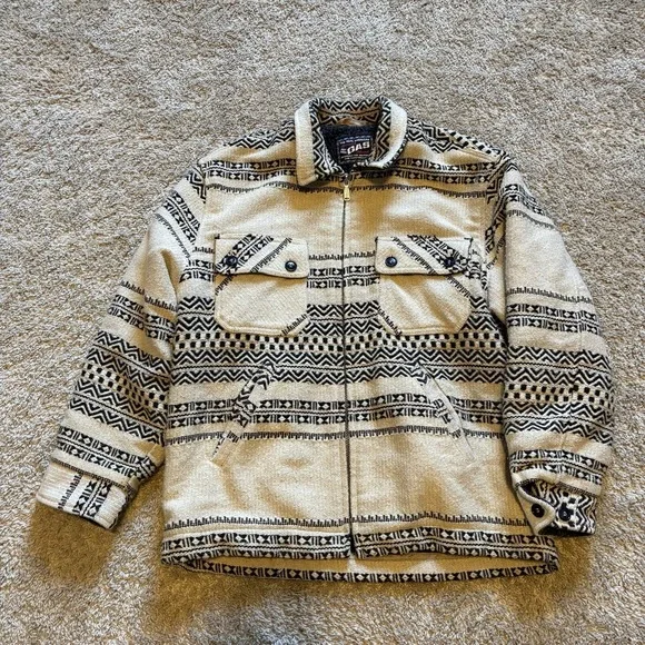 Vintage 90s Western Style Full Zip Jacket Mens Medium Blanket Lined‎ Wool Blend
