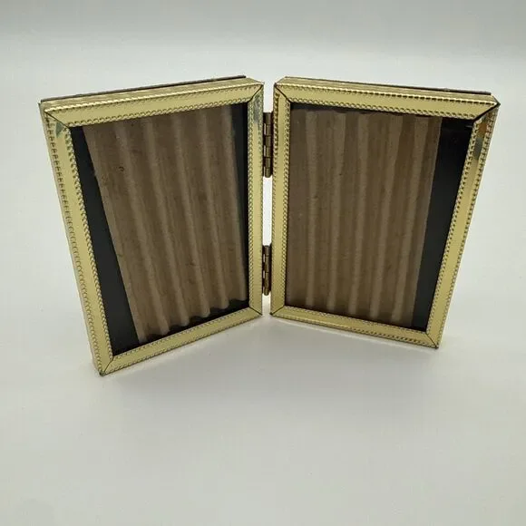 Vintage Gold Tone Folding Double Picture Frame Miniature 3x2 MCM