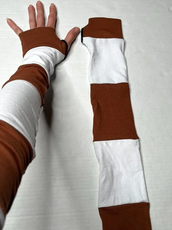 Long Striped Gloves Brown Hand Warmers White Armwarmers Cotton Patchwork Sleeves