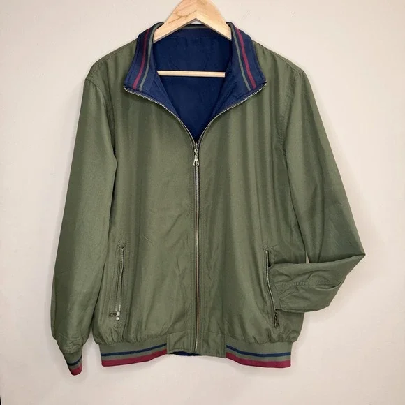 men's navy blue and olive green reversible bomber jacket SZ-M‎ gold tone zipper