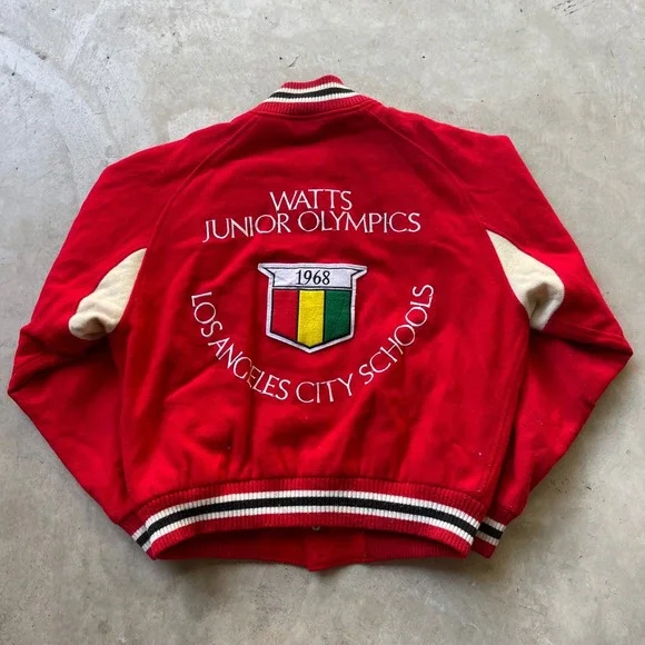 Vintage 1968 Watts Junior Olympics Varsity Jacket Red Wool Los Angeles Mens L