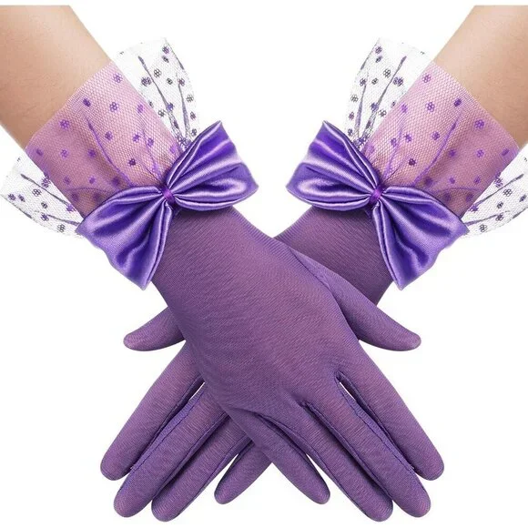 Women's Bow Gloves Purple Short Lace Evening Wedding Accessories Party Prom