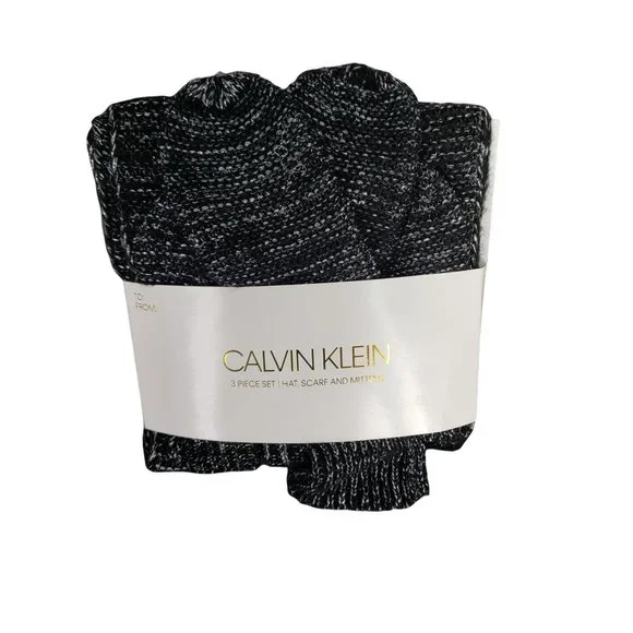 Calvin Klein Women's Black Gray Knit Scarf Hat‎ Gloves Mittens New 3 Piece Set
