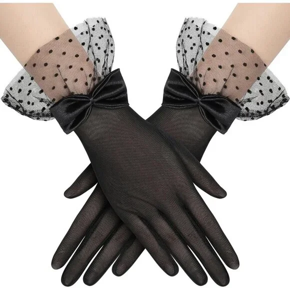 Women's Bow Gloves Black Short Lace Evening Wedding Accessories Party Prom