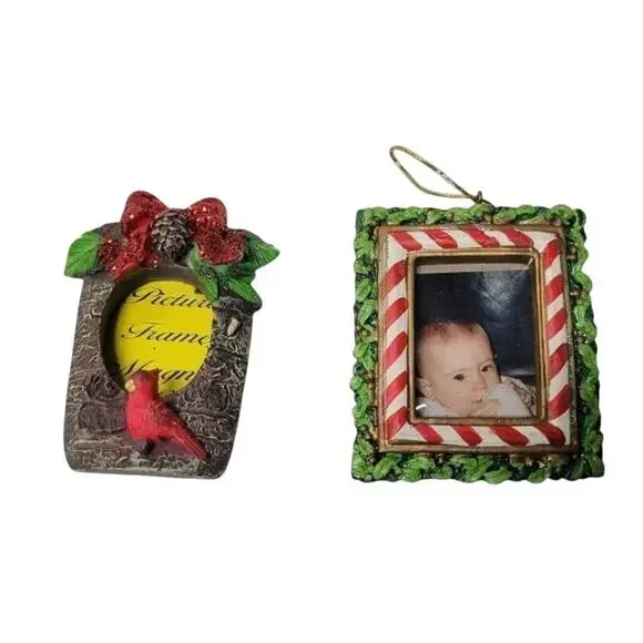 🖼️ Vintage Christmas Photo Frame Ornaments Lot 2 Cardinal Candy Cane Y2K Decor