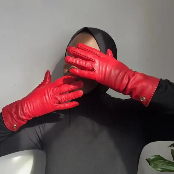 Vintage Adrienne Vittadini Cherry Red Leather Gloves Cashmere Wool Lined size M‎