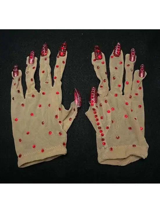 Red Rhinestone Mesh Performance Gloves with Nails