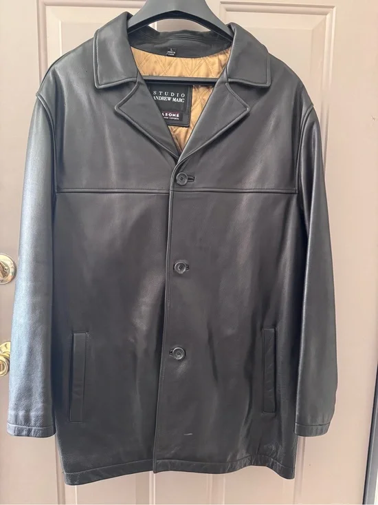 Andrew Marc Vintage Black Leather Trench Coat with Gold Quilted Lining