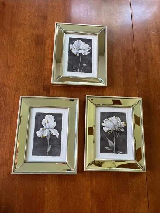 Set of 3 mirrored picture frames white/gold floral prints on black background