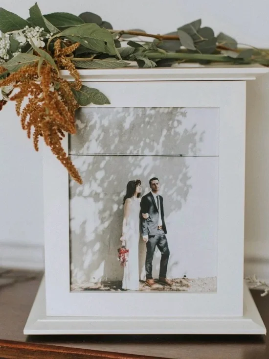 Like New!! White Wooden Wedding Card Box - Picture Display on all sides.