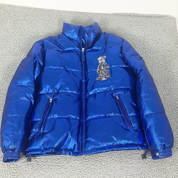 Christian Audigier Jacket Mens Medium Blue Leather Puffer Metallic‎ Y2k