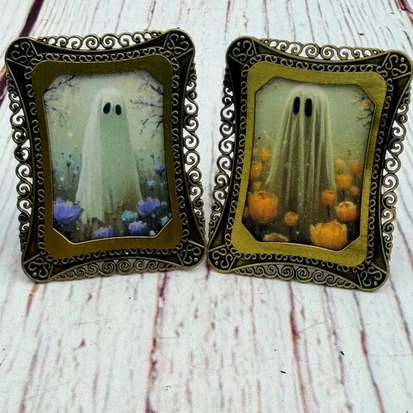 Mini Metal Ghost Picture Frames Set of 2 Vintage Style Spooky Gothic Decor