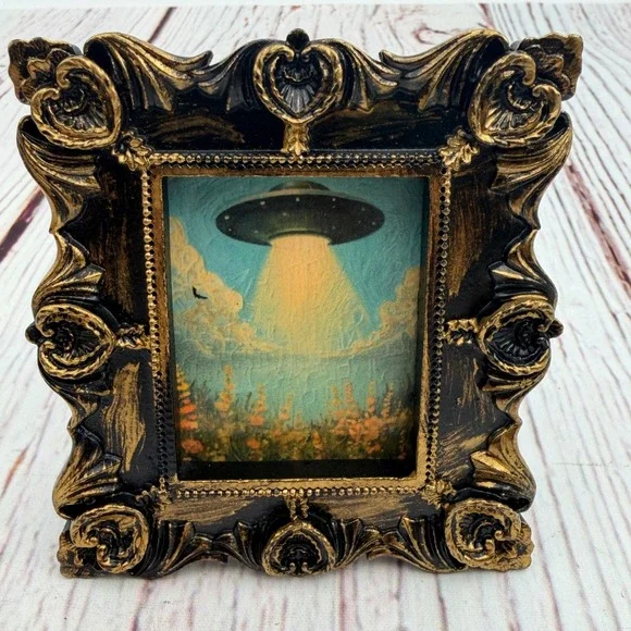 Miniature UFO Alien Art Print in Ornate Black Gold Baroque Resin Frame 3.25in