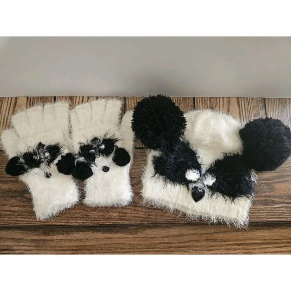 Y2K Cream Fuzzy Knit Beanie Convertible Fingerless Gloves Set Black Pompoms