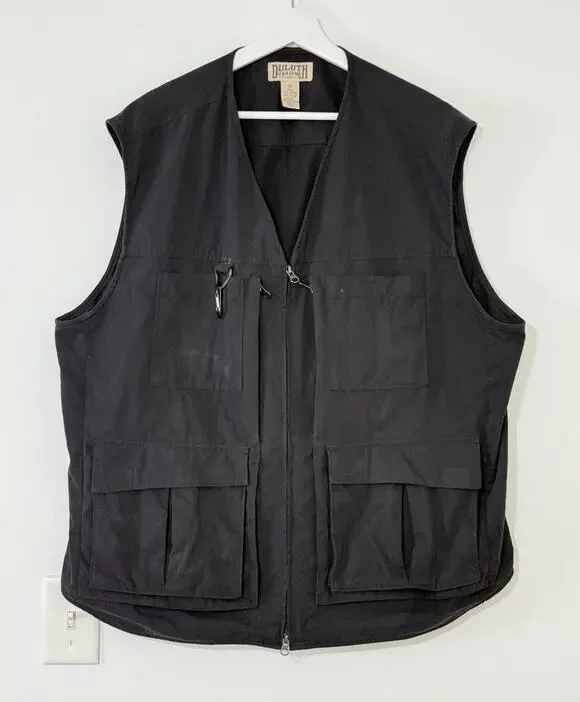 Duluth Trading Co Mens Vest Black Fishing Cargo Utility Pockets Workwear Size XL